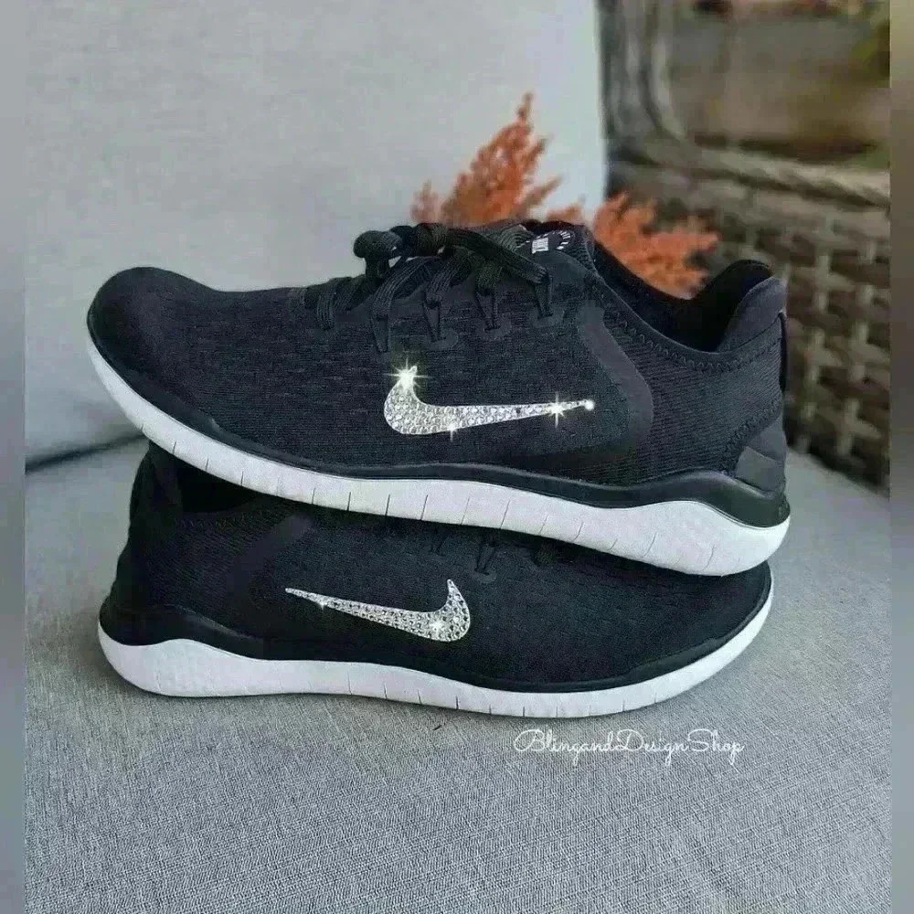 Nike Free RN 2018 Black Sneakers Customized with Crystal Rhinestones - Picture 4 of 8